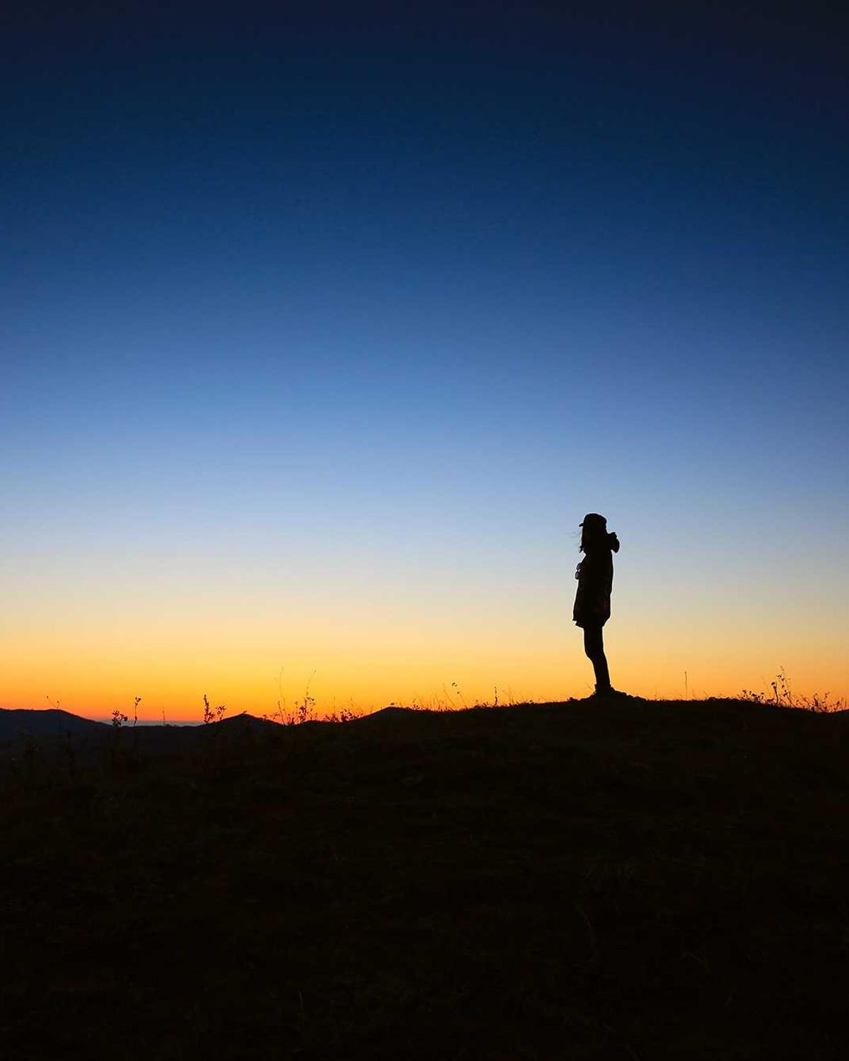 A small figure standing watch on a dark ridge under a twilight sky